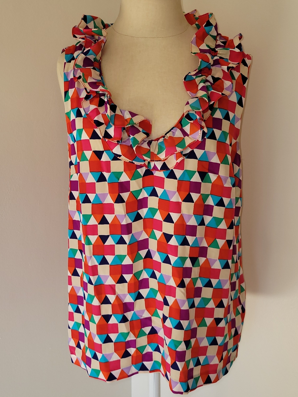 Kate Spade Multicolor Geometric Ruffle V-Neck 100% Silk Sleeveless Camisole Top